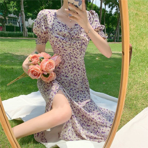Summer Elegant Floral Dress Women Korean Vintage Sweet Short Sleeve Split Dress Female Casual Holiday Party Skater Dress 2021
