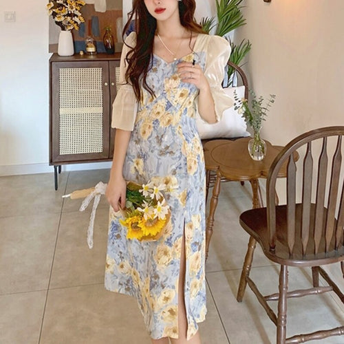 Summer Elegant Floral Dresses Women French Vintage Split Designer Sweet Dresses Female Casual Puff Sleeve Party Midi Dress 2021