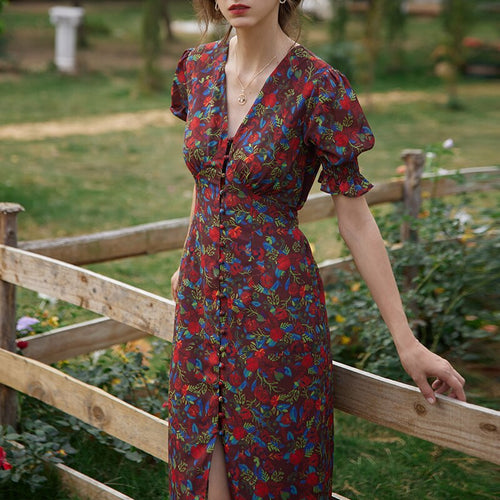 Summer Elegant Floral Print Boho Long Dress Women Puff Sleeve V-Neck Temperament Vintage Party Beach Chiffon Vestidos Femme 2021