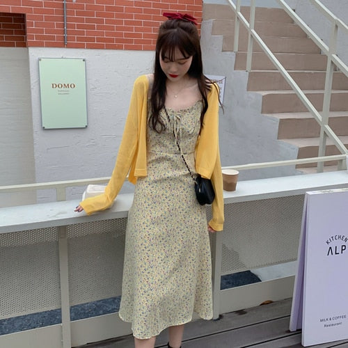 Summer Elegant Print Floral Dress Women French Korean Bow Slim Strap Dress Female Casual Holiday Party Beach Midi Dress 2021 New