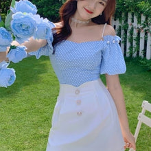 Load image into Gallery viewer, Summer Elegant Two Piece Set Women Blue Plaid Casual Strap Blouse Tops+White Mini Pant Set High Street Holiday Sweet Suit 2021