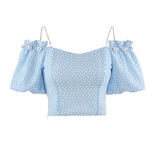 Load image into Gallery viewer, Summer Elegant Two Piece Set Women Blue Plaid Casual Strap Blouse Tops+White Mini Pant Set High Street Holiday Sweet Suit 2021