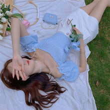 Load image into Gallery viewer, Summer Elegant Two Piece Set Women Blue Plaid Casual Strap Blouse Tops+White Mini Pant Set High Street Holiday Sweet Suit 2021