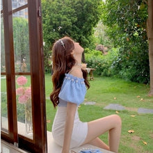 Load image into Gallery viewer, Summer Elegant Two Piece Set Women Blue Plaid Casual Strap Blouse Tops+White Mini Pant Set High Street Holiday Sweet Suit 2021