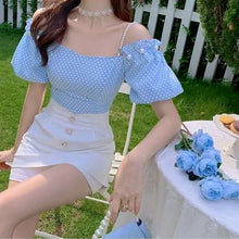 Load image into Gallery viewer, Summer Elegant Two Piece Set Women Blue Plaid Casual Strap Blouse Tops+White Mini Pant Set High Street Holiday Sweet Suit 2021