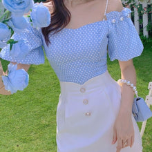Load image into Gallery viewer, Summer Elegant Two Piece Set Women Blue Plaid Casual Strap Blouse Tops+White Mini Pant Set High Street Holiday Sweet Suit 2021