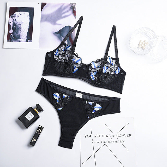 Summer Embroidery Sexy Lingerie Set Women's Underwear Erotic Sensual Lingerie Transparent Girl Underwire Bra Lace Underwear