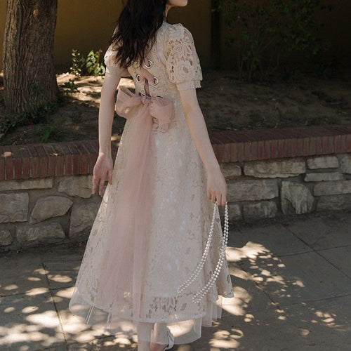 Summer European Station High-End Banquet Fairy Dress Lace Retro Puff Sleeve Net Yarn Tie Bow Dress