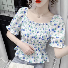Load image into Gallery viewer, Summer Floral Blouse Tops Korean Designer Slim Chic Chiffon Kawaii Blouse Shirt 2021 Casual Off Shoulder Sexy Flare Sleeve Tops