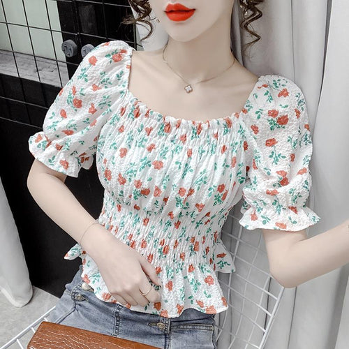 Summer Floral Blouse Tops Korean Designer Slim Chic Chiffon Kawaii Blouse Shirt 2021 Casual Off Shoulder Sexy Flare Sleeve Tops