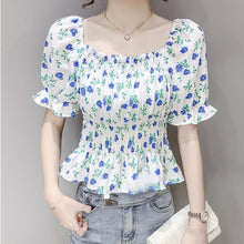 Load image into Gallery viewer, Summer Floral Blouse Tops Korean Designer Slim Chic Chiffon Kawaii Blouse Shirt 2021 Casual Off Shoulder Sexy Flare Sleeve Tops