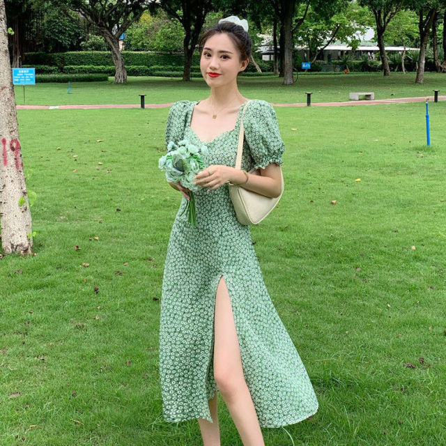 Summer Floral Bohemia Dress Women French Style Chiffon Split Fairy Dress Female Sexy Elegant Beach Boho Korean Dress 2021 New