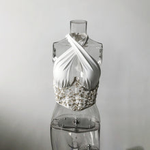 Load image into Gallery viewer, Summer Floral Embroidery Block Criss Cross Halter Sexy Backless Tank Lettuce Trim Knitted Vest Women Summer Patchwork Crop Top