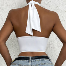 Load image into Gallery viewer, Summer Floral Embroidery Block Criss Cross Halter Sexy Backless Tank Lettuce Trim Knitted Vest Women Summer Patchwork Crop Top