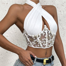 Load image into Gallery viewer, Summer Floral Embroidery Block Criss Cross Halter Sexy Backless Tank Lettuce Trim Knitted Vest Women Summer Patchwork Crop Top