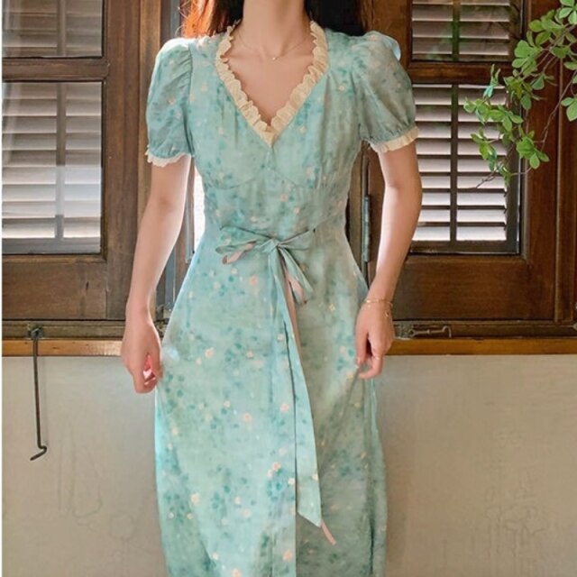 Summer Floral Party Dress Women V-Neck Lace Patchwork Sweet Dresses Female French Short Sleeve Slim Fairy Kawaii Dress 2021 New