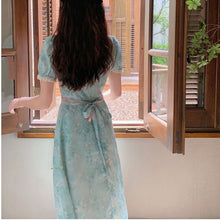 Load image into Gallery viewer, Summer Floral Party Dress Women V-Neck Lace Patchwork Sweet Dresses Female French Short Sleeve Slim Fairy Kawaii Dress 2021 New