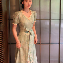 Load image into Gallery viewer, Summer Floral Party Dress Women V-Neck Lace Patchwork Sweet Dresses Female French Short Sleeve Slim Fairy Kawaii Dress 2021 New