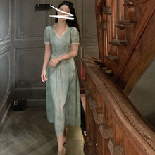 Load image into Gallery viewer, Summer Floral Party Dress Women V-Neck Lace Patchwork Sweet Dresses Female French Short Sleeve Slim Fairy Kawaii Dress 2021 New