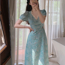 Load image into Gallery viewer, Summer Floral Party Dress Women V-Neck Lace Patchwork Sweet Dresses Female French Short Sleeve Slim Fairy Kawaii Dress 2021 New