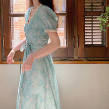 Load image into Gallery viewer, Summer Floral Party Dress Women V-Neck Lace Patchwork Sweet Dresses Female French Short Sleeve Slim Fairy Kawaii Dress 2021 New