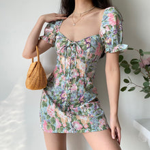 Load image into Gallery viewer, Summer Floral Print Drawstring Square Neck Puff Sleeve Dress women Blue green Elegant Bodycon Beach Boho Light sexy mini Dresses