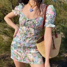 Load image into Gallery viewer, Summer Floral Print Drawstring Square Neck Puff Sleeve Dress women Blue green Elegant Bodycon Beach Boho Light sexy mini Dresses