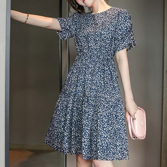 Summer Floral Print Dress Women Short Sleeve High Waist Female Casual Style Party Robe 2021 New Sundress Fashion Pleated Vestido