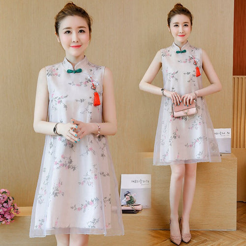 Summer Floral Print Stand Collar Improved Cheongsam Women Sleeveless Retro Buckle Loose Chinese Style Mini Dress Female Clothes