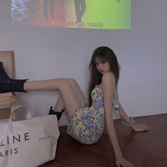 Summer Floral Print Strap Dress Women Elegant Backless Designer Cute Dress Female Kawaii Casual Beach Sexy Party Mini Dress 2021