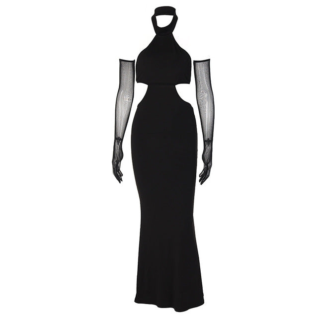 Summer For 2022 Fashion Women'S Clothes Black Halter Romper Sexy Bandage Casual Evening Party Prom Maxi Dresses Vestidos Gloves