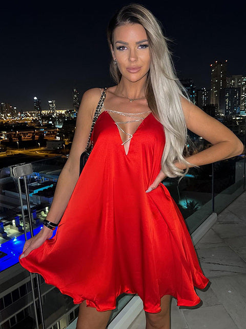 Summer For 2022 Women'S Clothes Satin Backless Black Rhinestone Chain Evening Party Sexy Cutout Prom Camisole Mini Dresses Club