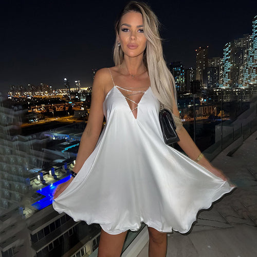 Summer For 2022 Women'S Clothes Satin Backless Black Rhinestone Chain Evening Party Sexy Cutout Prom Camisole Mini Dresses Club