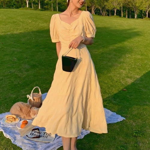 Summer French Elegant Dresses Women Sweet Solid Backless Vintage Dresses Casual V-neck Short Sleeve Party Fairy Dress 2021 New