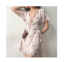 Load image into Gallery viewer, Summer French Flower Cherry Print Ruffled White Dress Women Lace Cross Lacing Up Elegant Bow Sexy Mini Girl Sundress Wrap Robe