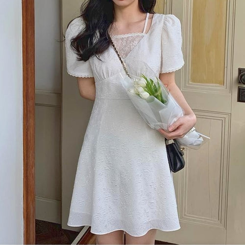 Summer French Vintage Dress Women Lace High Waist Slim Elegant Mini Dress Casual Chic Short Sleeve Party Korean Clothing 2021
