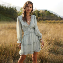 Load image into Gallery viewer, Summer Full Sleeve Print Dress Women Ruffles V Neck Above Knee Mini  Chiffon Dress Streetwear 2020 New