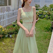 Load image into Gallery viewer, Summer Green Srtap Blouse Long Skirt Two Piece Set for Women Elegant Holiday Casual Suit Mini Kawaii Blouse A-Line Sweet Skirt