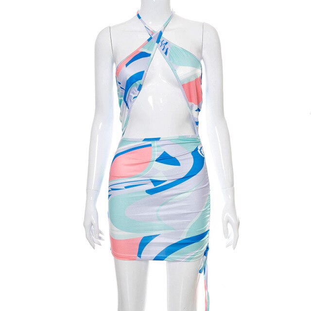 Summer Halter Sexy Bodycon Floral Dress Women Backless Hollow Club Party Mini Dresses Bandage Beach Wear 2021 Vestidos Outfits