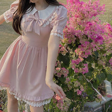 Load image into Gallery viewer, Summer Japanese Cute Doll Collar Bow Tie Waist Short-sleeved Dress Pink Lace Princess Short Skirt Dress Suit