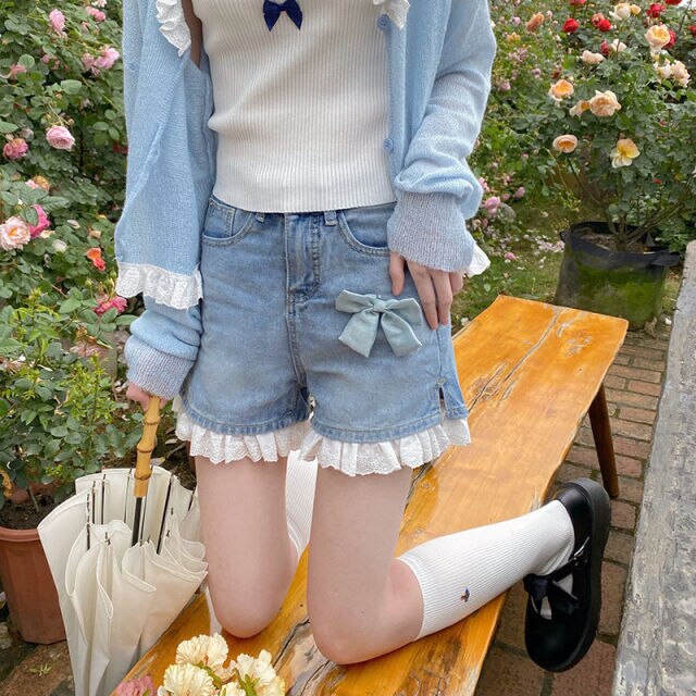 Summer Japanese Kawaii Denim Pants Women Bowknot Lace Sweet Cute Wide Leg Pants High-waisted College Style Korean Clothing 2021