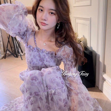 Load image into Gallery viewer, Summer Kawaii Floral Dress Women Elegant Patchwork Print  Sweet Dress Female Puff Sleeve French Party Midi Korean Dress 2021 New