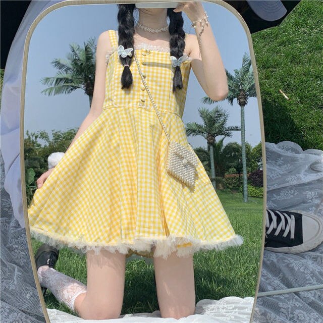Summer Kawaii Lolita Strap Dress Women Patchwork Lace Japanese Sweet Cute Mini Dresses Yellow Plaid Fairy Tale Casual Dress 2021