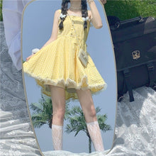 Load image into Gallery viewer, Summer Kawaii Lolita Strap Dress Women Patchwork Lace Japanese Sweet Cute Mini Dresses Yellow Plaid Fairy Tale Casual Dress 2021