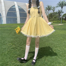 Load image into Gallery viewer, Summer Kawaii Lolita Strap Dress Women Patchwork Lace Japanese Sweet Cute Mini Dresses Yellow Plaid Fairy Tale Casual Dress 2021