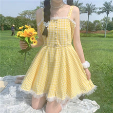 Load image into Gallery viewer, Summer Kawaii Lolita Strap Dress Women Patchwork Lace Japanese Sweet Cute Mini Dresses Yellow Plaid Fairy Tale Casual Dress 2021