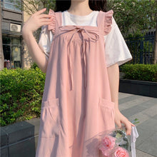 Load image into Gallery viewer, Summer Kawaii Suspender Midi Dress Women Pink Ruffle Pretty Japanese Sweet Dress Bow Lace-up Outdoor College Style Sundress 2021