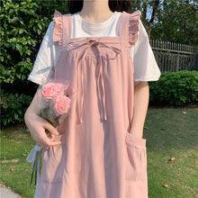 Load image into Gallery viewer, Summer Kawaii Suspender Midi Dress Women Pink Ruffle Pretty Japanese Sweet Dress Bow Lace-up Outdoor College Style Sundress 2021