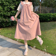 Load image into Gallery viewer, Summer Kawaii Suspender Midi Dress Women Pink Ruffle Pretty Japanese Sweet Dress Bow Lace-up Outdoor College Style Sundress 2021