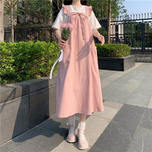 Load image into Gallery viewer, Summer Kawaii Suspender Midi Dress Women Pink Ruffle Pretty Japanese Sweet Dress Bow Lace-up Outdoor College Style Sundress 2021